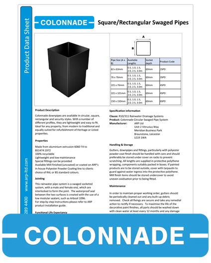 Colonnade Aluminium Downpipe Data Sheets