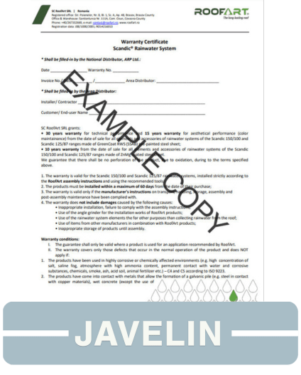 Steel Rainwater System Example Warranty Certificate
